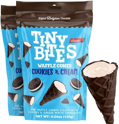 BeeMax Tiny Bites Cookies & Cream Mini Waffle Cones - 4.24oz Bag (Pack of 2) - Perfect Blend of Crispy Golden Waffle Cones & Belgian Chocolate Bliss - Bite-Size Snack for Dessert or Ice Cream Toppings