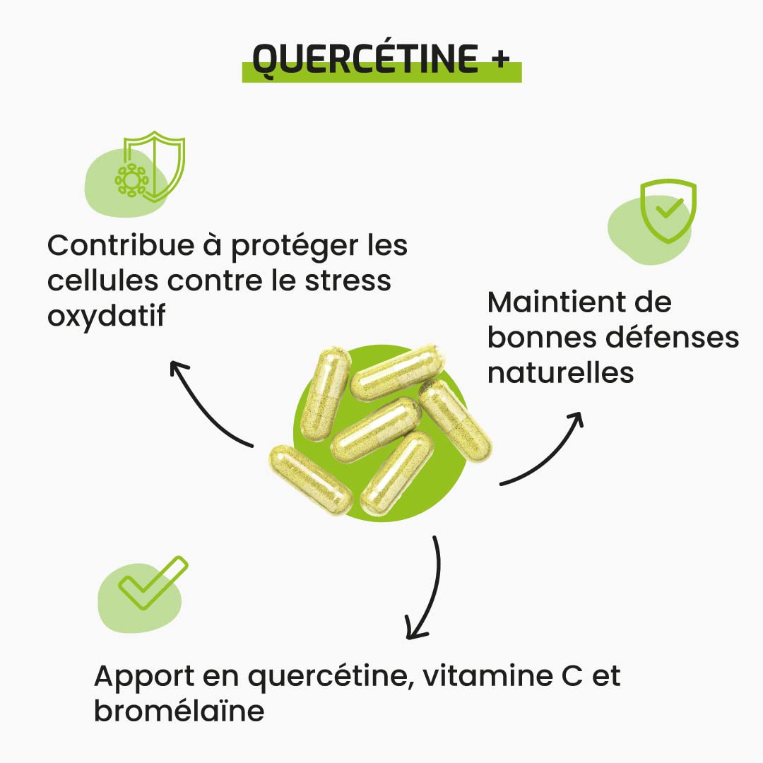 Complément alimentaire QUERCETINE + - 60 gélules - Maintient les défenses naturelles - Association avec Bromélaïne et Vitamine C - Développé en France