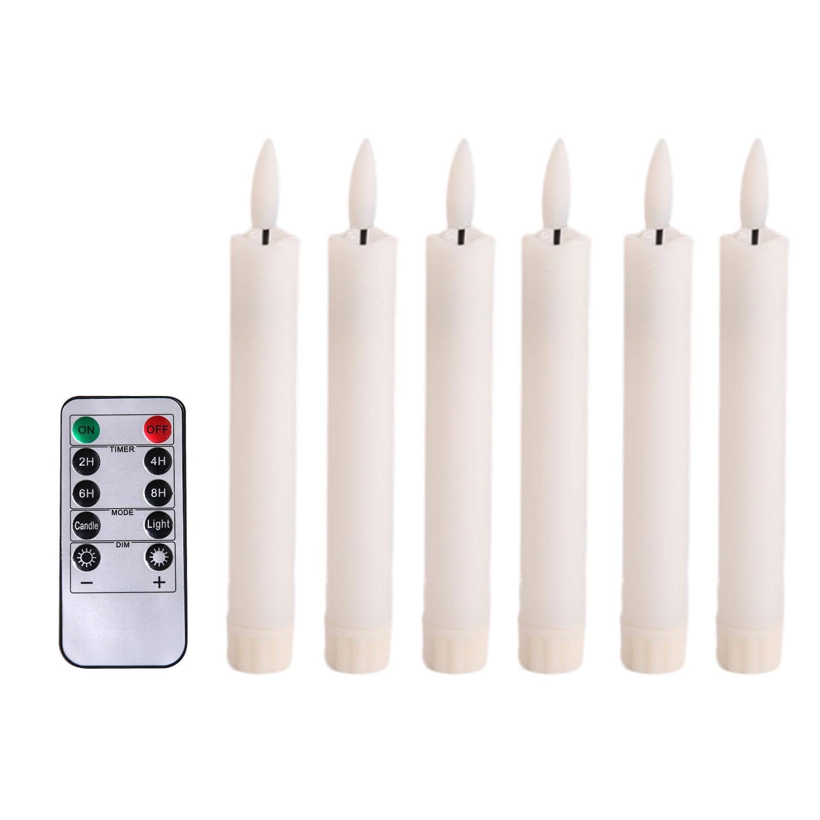6 Candele a LED, Candele Elettriche Affusolate, Candele Senza Fiamma per Finestre, Stoppino 3D con Funzione di Telecomando per Casa, Matrimoni, Camere, Bianco