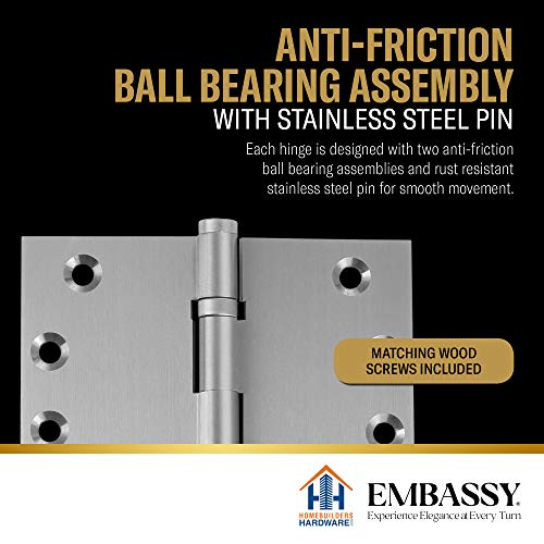 Solid Brass Architectural Door Hinges – 2 Vintage Decorative Cap Mortise Hinges, Ball Bearings, And Stainless Steel Hinge Pin – Home Decor By Embassy, 4 X 4 In., Satin Nickel #TOP5