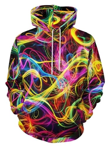 BarbedRose Men's Digital Print Sweatshirts Hooded Top Galaxy Pattern Hoodie,Neon Lines,2XL