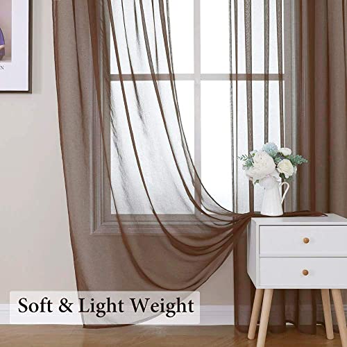 Miulee Chocolate Brown Linen Textured Sheer Curtains For Bedroom/Living Room Semi Transparent Voile Drapes Farmhouse Narrow Window Panels With Rod Pocket 2 Panels W 37 X L 84 Inches Long #TOP5