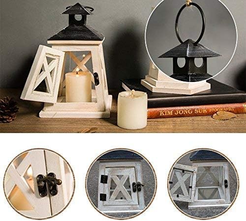 TentHome Rustic Wood Lantern Candle Tea Light Holder Candelabra Decoration with Metal Roof, Handle Candle Lantern for Garden Party Dinning Table Fireplace Camping (Rustic white, 20x12.5x12.5CM)