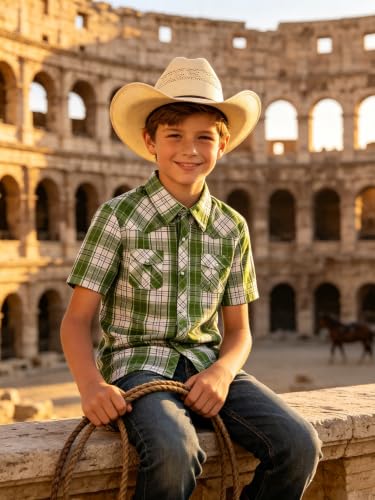 Image of COSLAND Boy's Toddler Cotton Western Short Sleeve Button Down Plaid Shirt, 4-14 Years