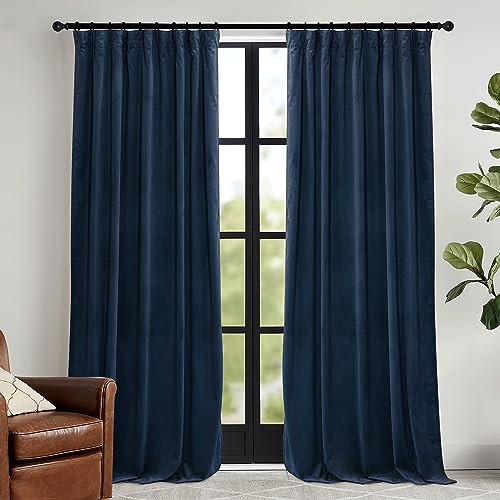 Image of RYB HOME Navy Blue Velvet Curtains 72 inches with Hook Belt, Back Tab | Thermal Insulated, Privacy UV Heat Blocking, Luxurious Drapes, Nursery Dormitory Bathroom, W52 x L72, 2 Panels Set