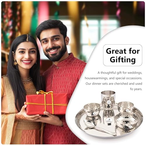 Image of Arham Stainless Steel Dinner Set | 36 Pcs (Big 6 Set) | Premium Heavy Weight Hammered Dinner Set for Gift | 36 Pcs (6 Plate, 6 Halwa Plate,12 Bowl /Wati, 6 Glass, 6 Spoon) | Premium DinnerWare