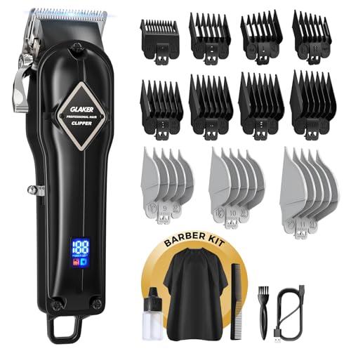 GLAKER Maquina de Cortar Pelo Hombre, Cortapelos Hombre Profesional Inalámbrico Cortadora de Pelo con Palanca Taper Ajustabl y 11 Peines Guía Para la Máquina de Cortar,Pantalla LED