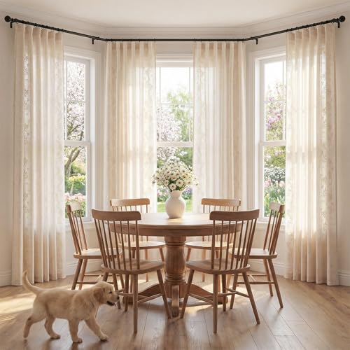 Image of jinchan Floral Linen Curtains, Back Tab 50x96 Inch, 2 Panels Ivory
