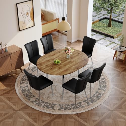 Image of Extendable Round Dining Table Set for 6, 42-54 inch Expandable Dining Table with 6 Upholstered Chairs, Engineered Wood Top, Space-Saving Round Kitchen & Dining Room Table Set(1 Table + 6 Black Chairs)