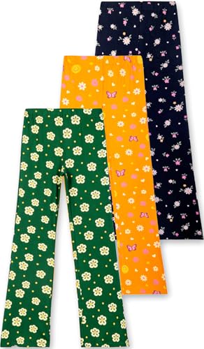 Image of T2F Girls Cotton Flared Leggings Pack of 3 | Soft Stretch Bootcut Pants for Kids | Printed Floral & Heart Designs | Multicolor Combo (2-14 Years