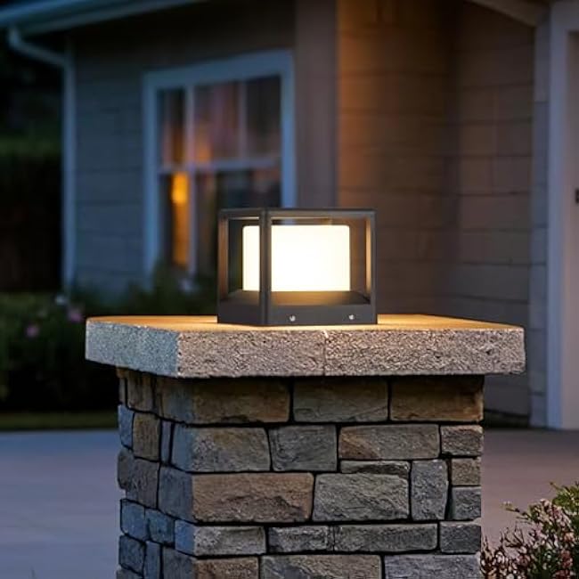 Outdoor Post Cap Light Hard Wired, 7.1 Modern Fence Deck Column Lamp Waterproof Lantern High Voltage Fixture 3000K Landscape Lighting for Outside Pillar Flat Surface Patio Courtyard Decoration