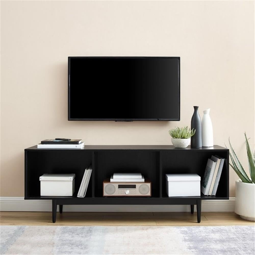 Pemberly Row Mid-Century Wood Record Storage Console Cabinet, Black Finish, 60" W x 22.25" H x 15.75" D, Tapered Legs, Holds 120 Vinyl Albums, Low-Profile Design Media Furniture for Living Room or