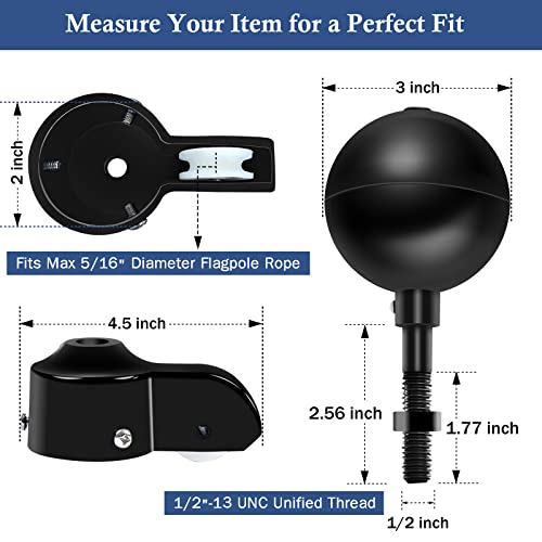 Nq Flagpole Hardware Repair Parts Kit,50 Feet Halyard Rope+3 Inch Black Ball+6 Inch Zinc Alloy Cleat + 4 Metal Swivel Snap Clips + Aluminum Alloy Flagpole Truck With Nylon Pulley For 1.6 Inch-2 Inch Flag Poles thumb #2