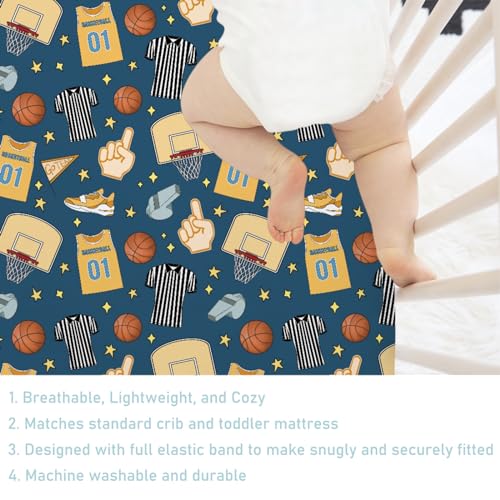 Image of Fun Basketball Baby Crib Sheet 52''x28'' Sports Snug Fitted Mattress Cover for Boy Girl Basketball Balls Hoop Uniform Soft Nursery Baby Sheets