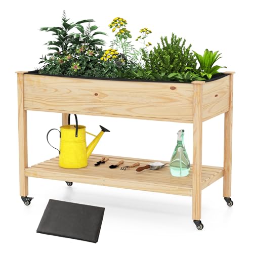 COSTWAY Pine Wood Raised Garden Bed, 47' x 23' x 33' Elevated Planter Box with Storage...