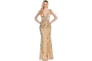 Womens Sequined Long Evening Gown Glamour Sleeveless V-Neck Mermaid Prom Dress