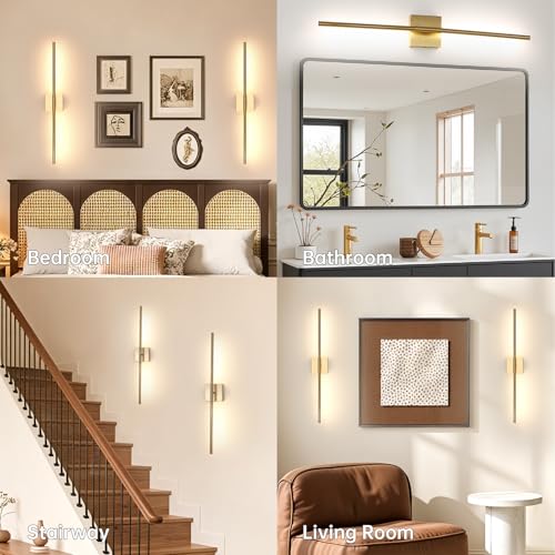 Image of Shenmoyl Battery Operated Wall Sconce Set of 2, 10400mAh Rechargeable Wall Sconces, 3000K-6000K Dimmable, 350Rotate, Indoor Wall Lights for Bedroom Living Room Bathroom, Gold, 31.5 Inch