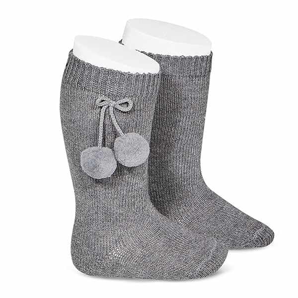 Calcetines Largos de Algodón Con Pompones, Medias Largas de Algodón para Bebés, Calcetines de Rodilla para niños, Calcetas de Bebé, Apto para niños/as de 1 a 2 años, Talla M, Algodón, Gris