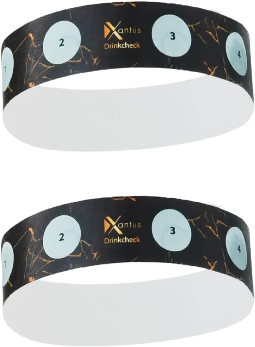 Drink Check Wristband Roofie Test by Xantus | Spiked Drink Bracelet Tester Detects GHB Within 10 Seconds Test Your Drink | Spiking Protection Detector Made in USA | (2 Black Wristbands 8 Tests)