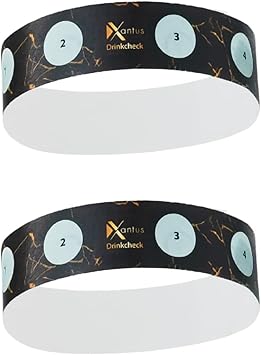 Drink Check Wristband Roofie Test by Xantus | Spiked Drink Bracelet Tester Detects GHB Within 10 Seconds Test Your Drink | Spiking Protection Detector Made in USA | 2 Black Wristbands 8 Tests