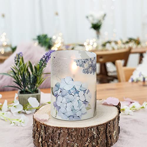 Image of Hydrangea Glass Flameless Candles with Remote Timer Battery Operated LED Flickering Pillar Candles Real Wax Spring Dinner Wedding Holiday Decor D3 x H4, 5 inch, 6 inch