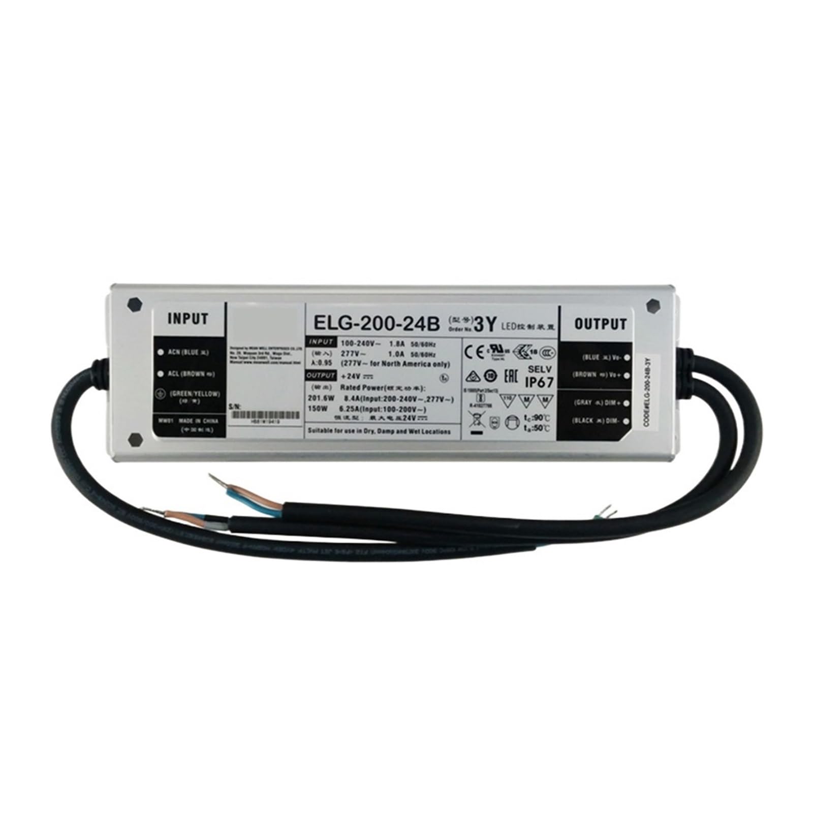 JGNAYRKJQI ELG-200-24AB-3Y 8.4A 24V Dimmable LED Power Supply 110V/220VAC to 24V DC 200W Waterproof Adjustable Dimming led Driver