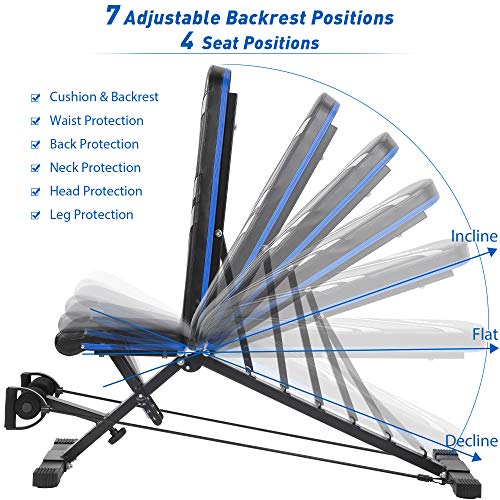 Merax Adjustable Workout Bench with Resistance Bands, Folding Utility 500LBS Super Max Weight Bench 7 Position AB Incline Gym Equipment
