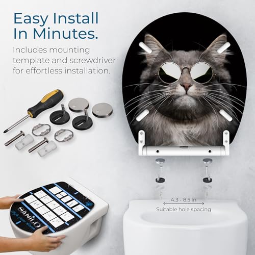 Image of Sanilo Wooden Toilet Seat with Quick Release & Soft Close [ROUND] - Decorative & Slow Close Molded Wood Seat - With One Click for Easy Installation & Cleaning - With Adjustable Fit (Cool Cat)