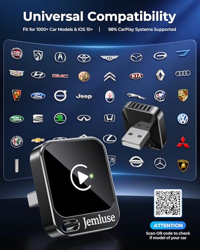 Image of Jemluse Wireless CarPlay Adapter for Apple - Mini Size, Fast Stable Connection Convert Wired to Wireless Car Play Dongle for iPhone iOS 10+, Plug & Play for Cars from 2016+ w /USB-C(Onyx)