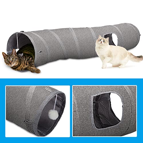 Image of Ownpets S-Shape Cat Tunnel Toy 48 inchL x 10 inchD, for Cats, Puppies & Small Pets | Collapsible for storage, tear-resistant oxford fabric, connects to other tunnel, with peek hole, feather wand, indoor /outdoor