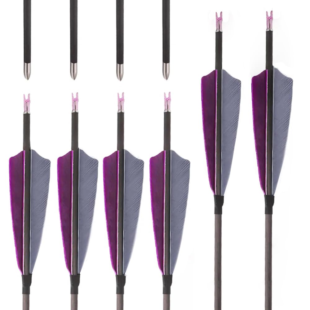 12 pz ID 4,2mm Freccia in Puro-carbonio, Spine 300 400 500 600 700 800 900 1000 Freccia da Caccia, 4" Piuma di Tacchino Grigio Viola, per Ricurvi/Compound Arco Tiro con l'arco