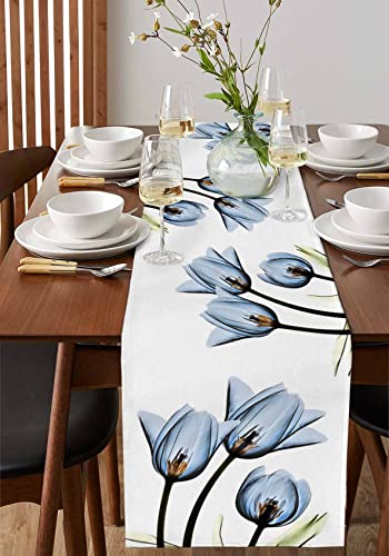 Floral Table Runner-Blue Tulip Cotton Linen-Small 36 Inche Dresser Scarves,Flower Rustic Tablerunner For Kitchen Coffee/Dining Table Bedroom Home Living Room,Summer Spring Holiday Dinner Scarf Decor #TOP3