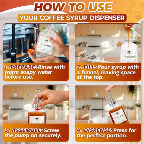 Image of Set of 4 Glass Syrup Bottle with Pump 16.9oz 500 ml - Thick Glass Syrup Dispenser with 18 Marked Labels, Leak-Proof, Easy Cleaning - Coffee Bar Essentials for Home | Event Ready (Silver Pumps)