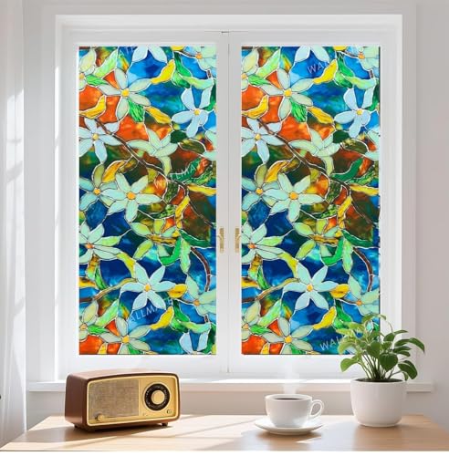 Image of WALLMATE Floral Window Privacy Film Non-Adhesive Reusable Decorative Glass Sticker for Bathroom Bedroom Living Room Sunroof (Mystic Frosted, 24x120 in)
