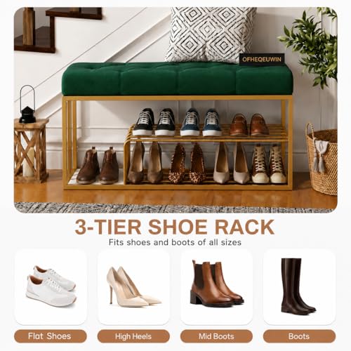 Image of Entryway Shoe Rack with Velvet Cushioned Seat, Shoe Bench for Entry, 2 Shelves Storage Bed Bench