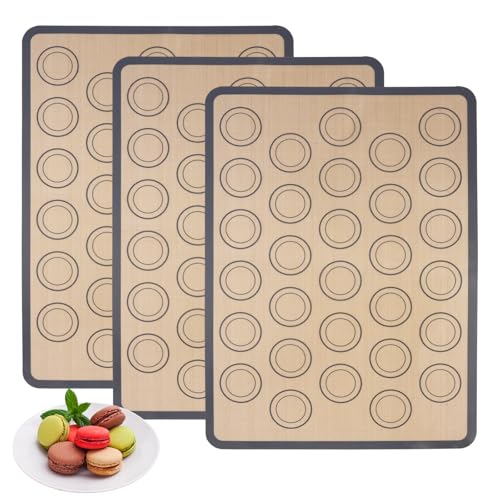 3 Pièces Tapis Macarons Patisserie, 42x29,5 cm, Tapis de Cuisson en Silicone pour Macarons en Fibre de Verre avec 30 Anneaux de Guidage, Sans BPA,...