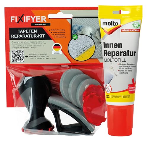 Universal Reparatur-Set für Raufaser & Strukturtapeten + Molto Moltofill Innen-Reparaturspachtel | Löcher & Risse in Strukturtapeten einfach ausbessern | DIY Set für gängige Strukturtapeten