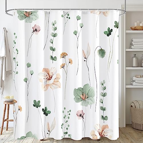 Gibelle Watercolor Floral Shower Curtain, Sage Green Beige Flower Shower Curtain for Bathroom, Modern Minimalist White Waterproof Fabric Shower Curtain Set with Hooks 72×72 Inch