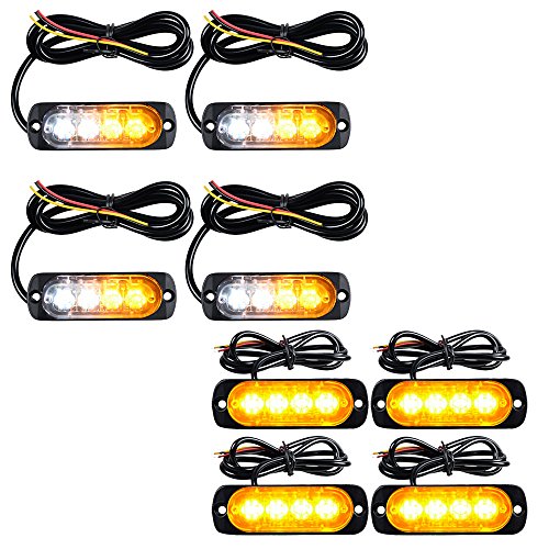 Astra Depot 4X Amber White + 4X Amber Ultra Thin 4-LED Surface Mount Strobe Lights Warning Emergency Car Truck 12V-24V