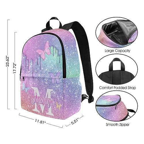 InterestPrint Customized Girl's Bookbag with Lunch Bag, Personalized Glitter Butterfly Knapsack Backpacks Custom Backpack for Girls and Lunch Box for Granddaughter Niece, Girl's School Bag4