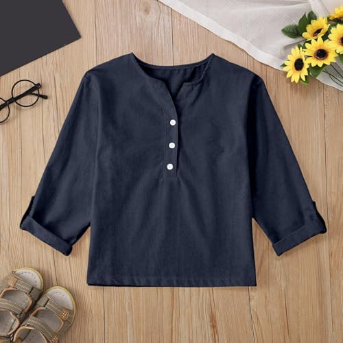 Kids Girls Long Sleeve Henley Shirts Solid Color V Neck Loose Breathable Blouse Tops 2025 Trendy Comfy Pullover Tees3