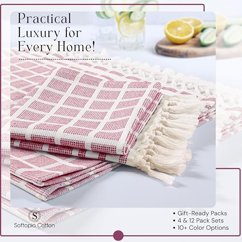 Image of Matrix Dobby Kitchen Towels 4 Pack 100% Cotton, 16x26 Inches, Decorative Tea Towels with Handmade Tassels, Absorbent Reusable Dish Cloths for Kitchen Drying - Burgundy Wine, Natural