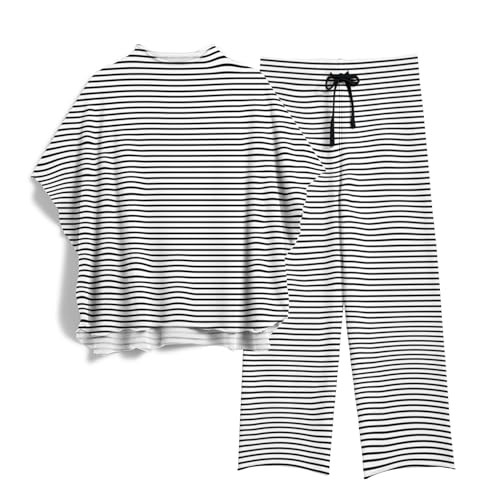 Image of SeeLuNa Women's Two Piece Outfits 3 /4 Batwing Sleeve Capelet Crew Neck Pullover Top Wide Leg Pants Lounge Set(White-Black,M)