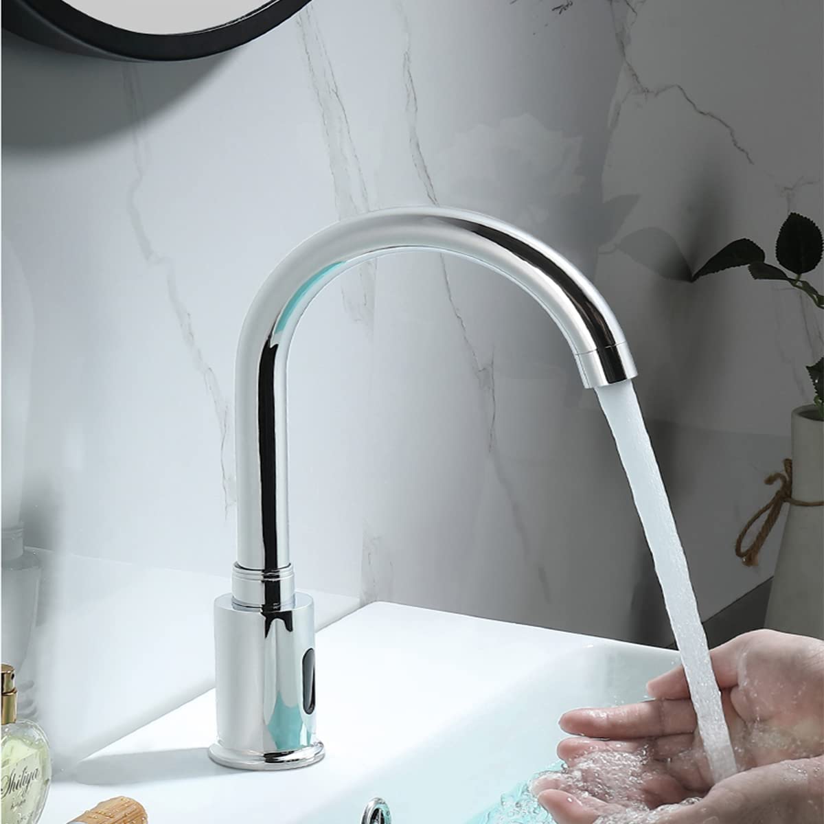 Grifo automático sin Contacto para Lavabo de Cocina y baño con Placa de Cubierta cromada, Grifo de baño con Caja de Control y Mezclador de Temperatura con desagüe emergente con rebosadero.