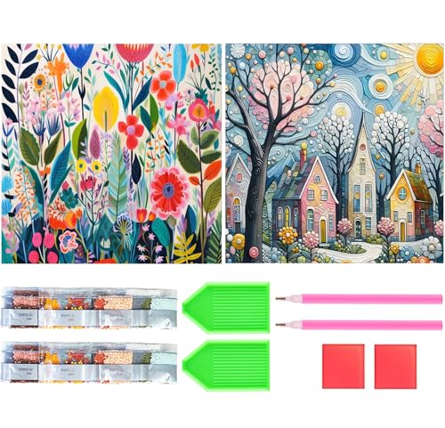 Amyaker ダイヤモンドアート キット 丸いビーズ 全面 2個セット ダイアモンドビーズ絵画キット DIY 手作り絵画 モザイクアート 5D モザイクアート ダイヤモンド塗装 全面貼り付けタイプ 30x30cm 漫画 花