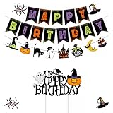 HCHinn Halloween & Birthday Banner - Party Decorations with Kids Pumpkin, Spider, Bat, Witch Hat & Cake Toppers for Halloween Theme