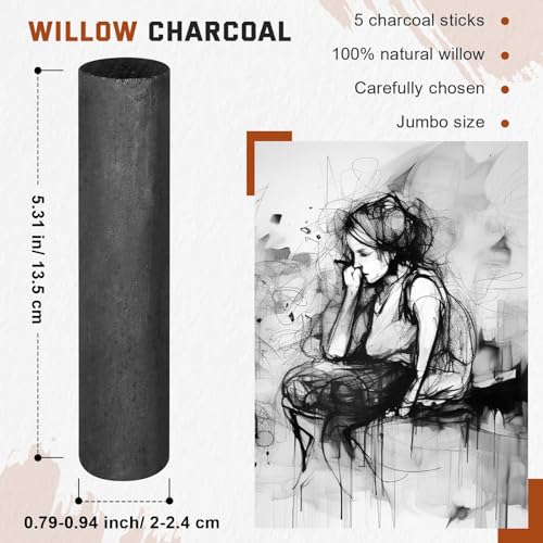 Gueevin LAU-GUEEVIN-2535 5 Pcs Jumbo Willow Charcoal Sticks 0.79-0.94 Inch Large Soft Willow Charcoal Chunky Drawing Charcoal thumb #1
