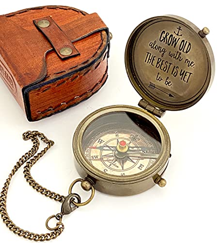 Ross London Brújula de bolsillo de latón con caja de cuero,Grow Old junto conmigo,Lo mejor es aún para ser,Brújula grabada estilo vintage,Brújula de regalo,Brújula de estilo antiguo Cover