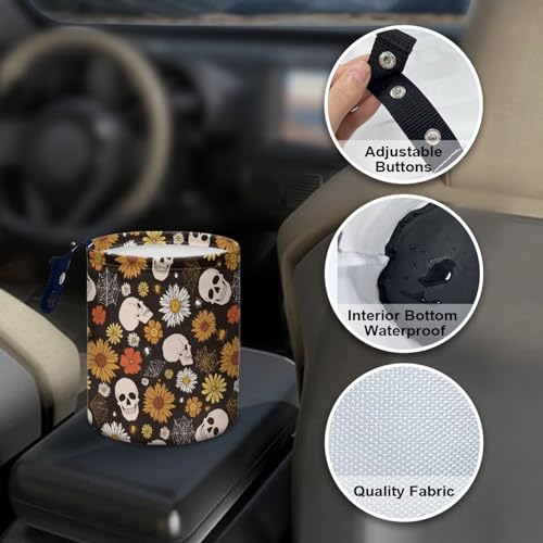 Image of Halloween Gothic Skull Car Trash Bag Portable Garbage Bin Hippie Daisy Retro for Car Front Seat, Back Seat, Floor, Easy to Clean Car Garbage Accessory Car Interior Decoration