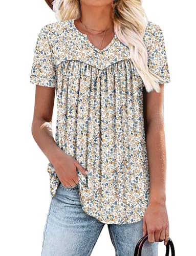 KISSMODA Tops for Womens Summer Cute Short Sleeve Shirts Trendy Notched Neck Blouses Casual Loose Pleated Tunics S-3Xl